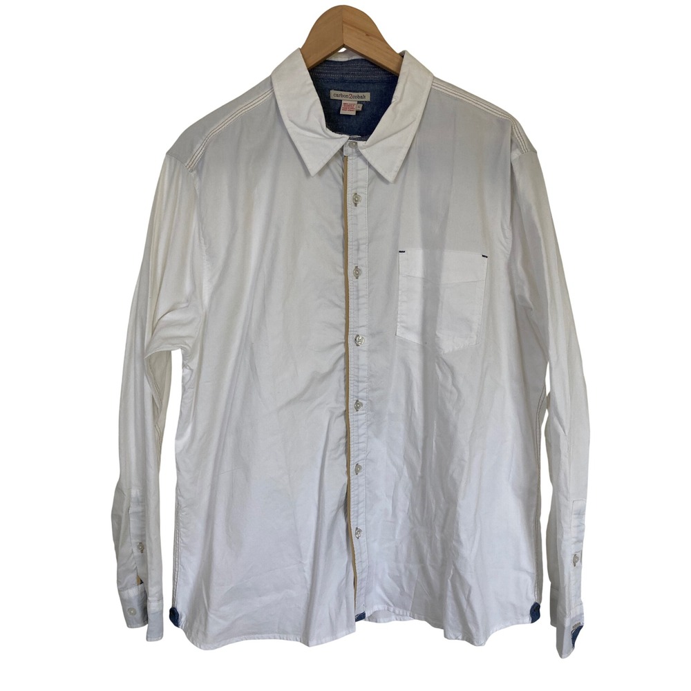 Carbon2Cobalt‎ Mens Large White Cotton Button Down Shirt Chambray Trim RN 129641